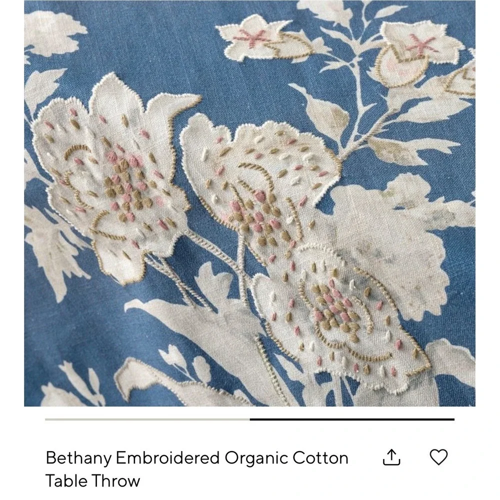 Pottery Barn Bethany Embroidered Organic Cotton Table Throw Cloth 50